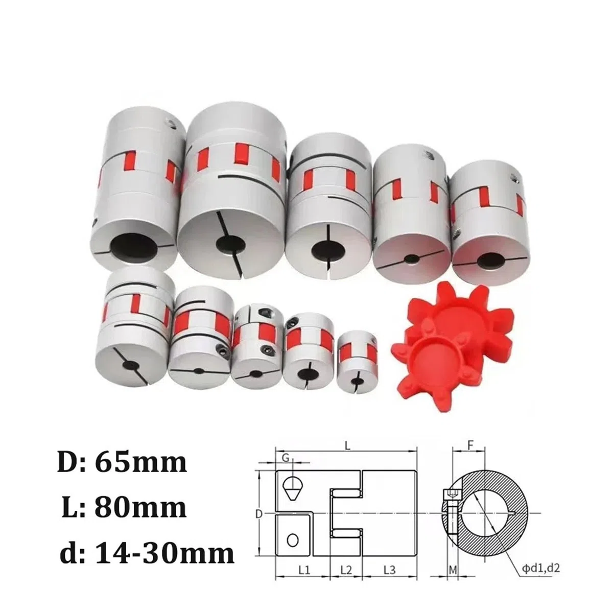 Accouplement flexible Plum Coupleur de pince à prune Flexible D65 L80, série LM, 1 pièce, taille d'arbre D65L80, couplage à mâchoire CNC, couples 14mm-30mm(20x28mm)
